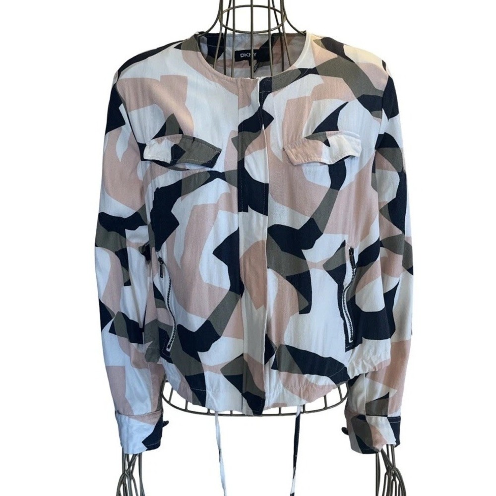 DKNY Camo Zip Up Jacket Roll Sleeve Pink Active Light Weight Spring Small